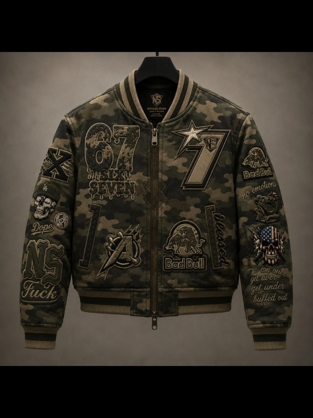 Men's Camo Patch Bomber Jacket - Olive Green